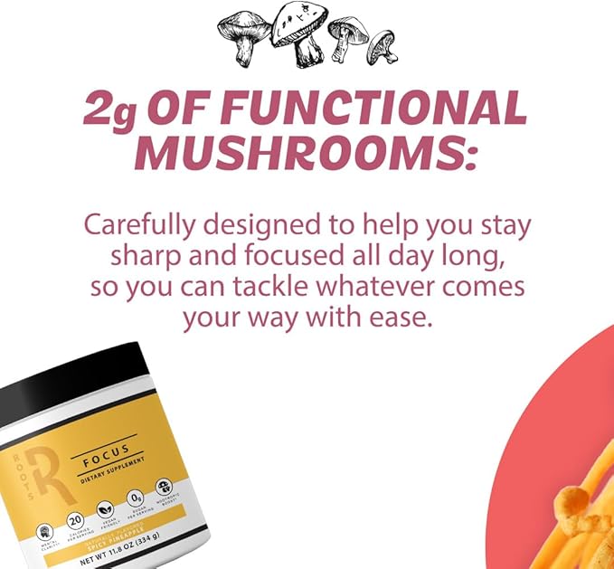 Roots Focus Nootropic Brain Supplement, Fruit Punch, Blend of Lion's Mane, Cordyceps, and Reishi Functional Mushrooms with Extended-Release Caffeine, 15 Servings