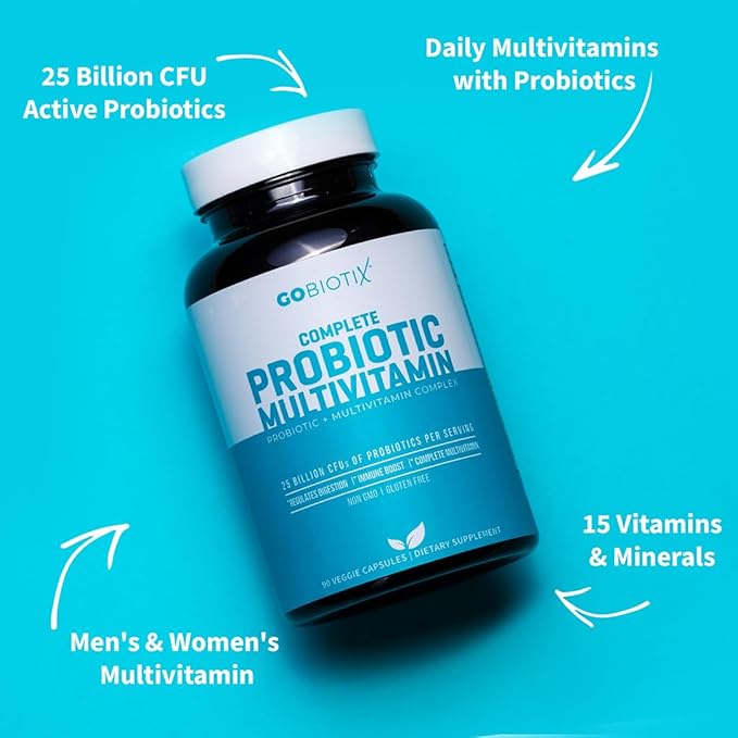 GOBIOTIX Multivitamin with Probiotics and Digestive Enzymes - 25 Billion CFU - Digestive Health, Probiotics for Women and Men - Gluten Free Pills - 90 Capsules