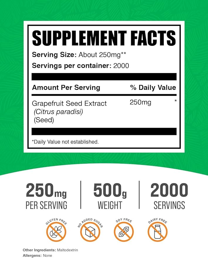 BulkSupplements.com Grapefruit Seed Extract Powder - Grapefruit Seed Supplements, Antioxidant Source - Herbal Supplement, Gluten Free, 250mg per Serving, 500g (1.1 lbs) (Pack of 1)