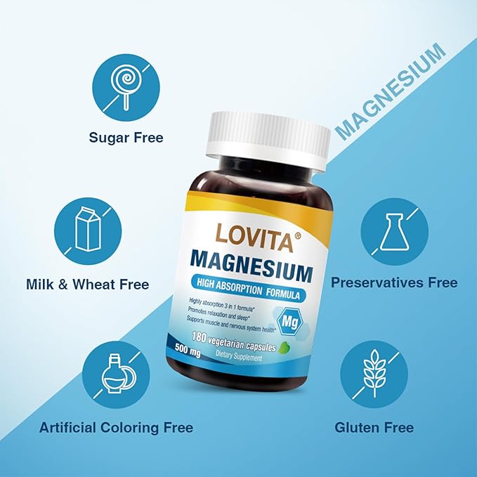 Lovita Triple Magnesium Complex 500mg, High Absorption and Potency Formula, Glycinate, Citrate & Oxide, Support Sleep, Relaxation, Heart, Nerves & Bone Health, 180 Vegan Capsules