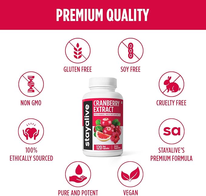 STAY ALIVE Cranberry Pills for Women and Men 1000mg with D-mannose, Hibiscus and Grapefruit Seed Extract, 120 Count, D-mannose Cranberry Supplement, Vegan, Non-GMO & Gluten-Free Powder Capsules