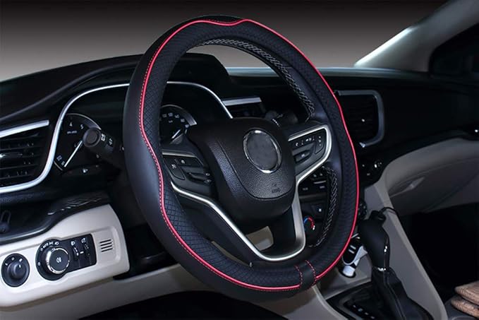 Mayco Bell Small Size Steering Wheel Cover Anti-Slip,Safety,Soft,Breathable,Durable,Full Surround,Comfortable Grip Microfiber Leather (14-14.25 inch,Black Red)