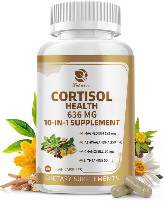 Cortisol Supplement, 10-in-1 Cortisol Reducer Detox Manager for Women & Men - Magnesium, Ashwagandha, Rhodiola, Chamomile, L-Theanine, Vitamin C & D3 - Mood, Focus, Sleep Support - 60 Vegan Capsules