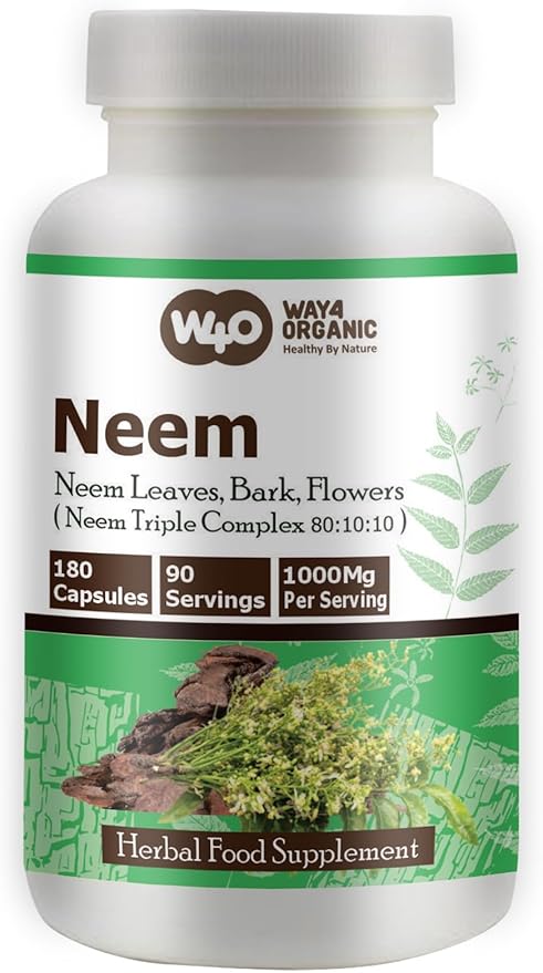 Neem Triple Complex - High-Potency Azadirachta Indica Capsules, Neem Leaves, Bark, Flowers in Ratio (80:10:10) - 180 Capsules, 90 Serving, 1000 Mg per Serving. Pack of 1.