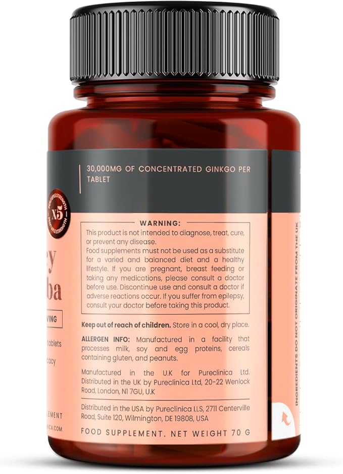 pureclinica High Potency Ginkgo Biloba 30,000mg x 180 Tablets (2 Bottles of 90) - 6 Months Supply - 5 Times The Strength of Competitor Products