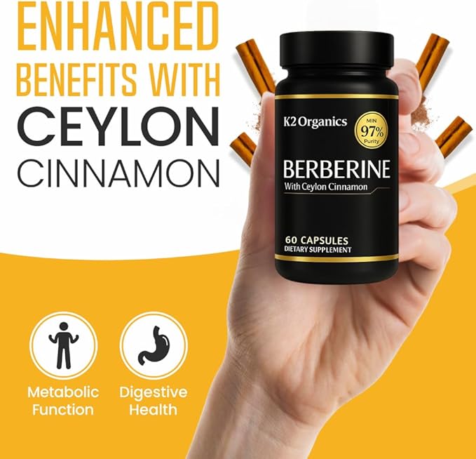 Berberine with Ceylon Cinnamon 1200mg (60 Capsules) – 97% Purity- Non-GMO, Gluten-Free, Lab-Tested Vegan Berberine Supplement – 30 Servings