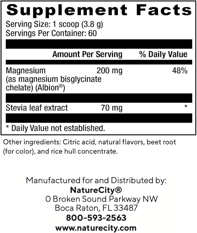 NatureCity TrueMagnesium Highly Absorbable Chelated Magnesium Bisglycinate Powder Drink Mix (60 Servings) - Magnesium Supplement for Sleep and to Support Bone Health & Muscles