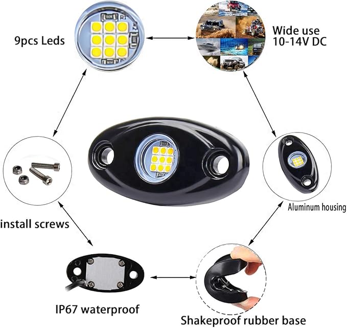 Green LED Rock Lights, 4 Pods Neon 12V Waterproof Underglow Underbody Kit Crawler Crawling Dome Exterior Wheel Lights for ATV RZR UTV SUV Off-Road Auto Boat Motorcycle Glow Trail Rig Fender Lamp
