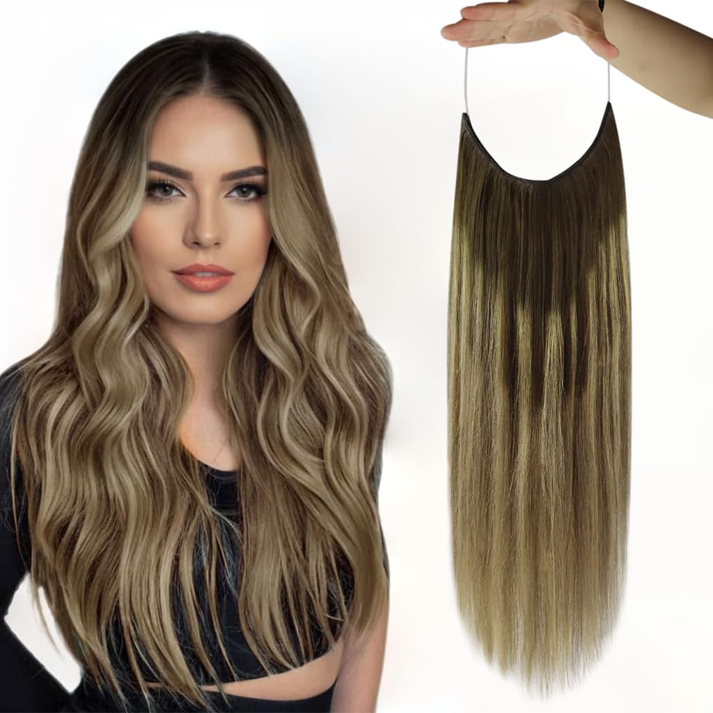 Full Shine Wire Human Hair Extensions Balayage Hair Extensions Clip Ins Color Brown To Ash Brown Mix Blonde Wire Hair Extensions