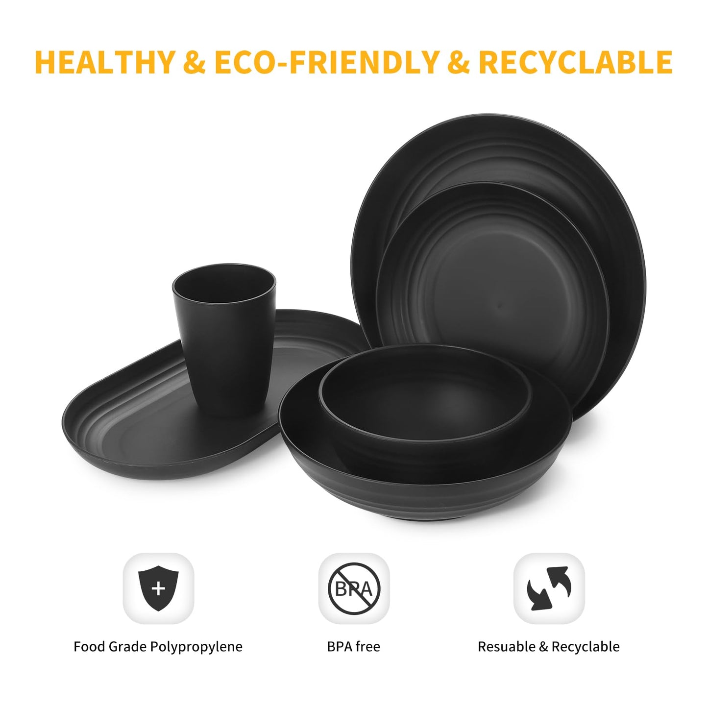 Lazycorner 48-Pcs Kitchen Wheat Straw Dinnerware Set, Service for 8, Plastic Reuasble Dinner Dishes Serving Plate Set for Kitchen, Including Dinner Plate, Dessert Plates, Bowl, Cup(Black)