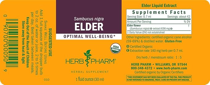 Herb Pharm Certified Organic Elder Liquid Extract - 1 Ounce (Pack of 2)