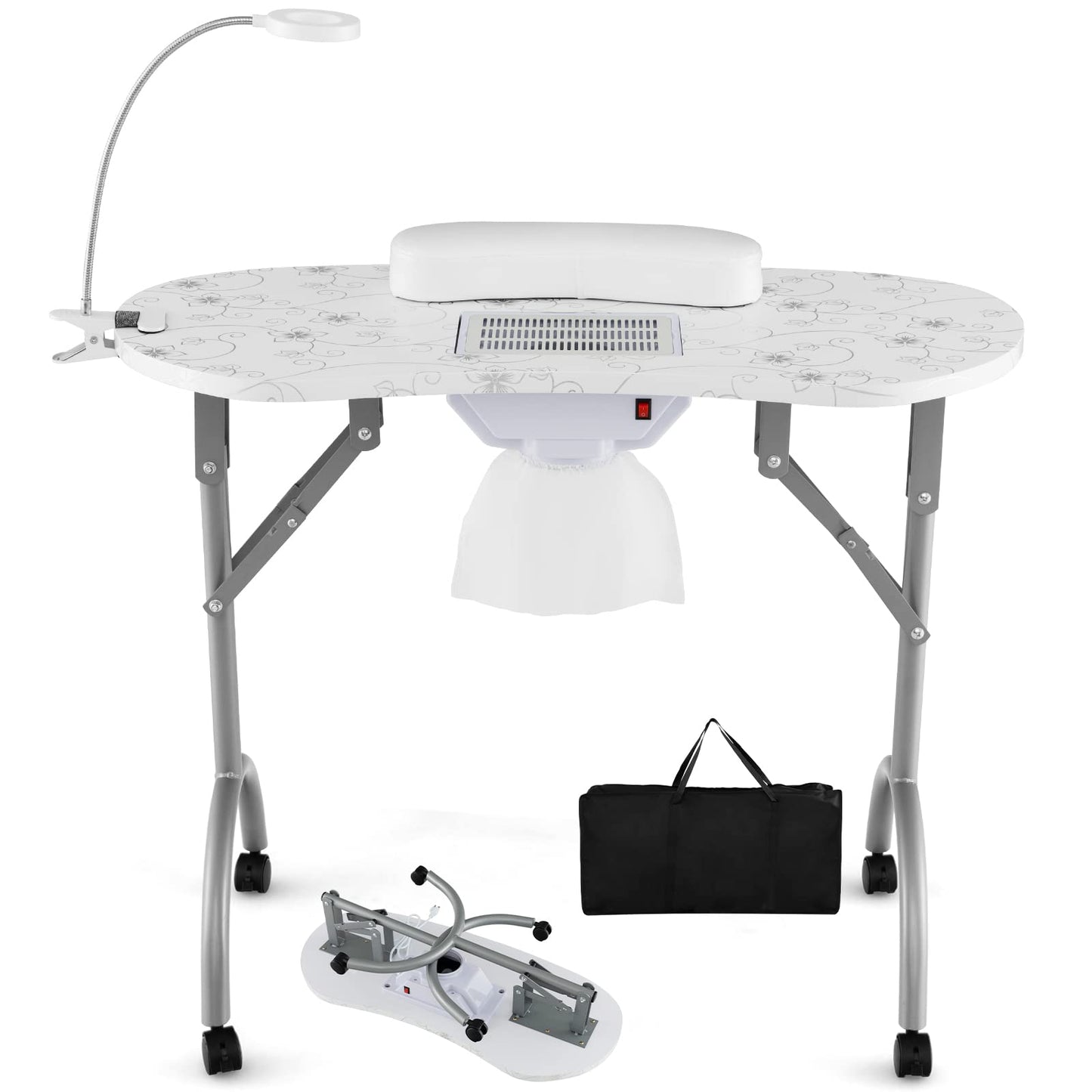S Afstar 35-Inch Portable Nail Desk, Foldable Manicure Table With Dust Collector, Bendable Led Table Lamp, Carry Bag, 4 Lockable