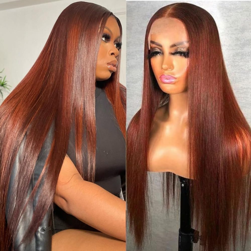 Miss Flower 250 Density Reddish Brown Ultra-Thin Invisible Hd Lace Front Wigs Human Hair 32Inch Real Full Large Lace Space 13X4