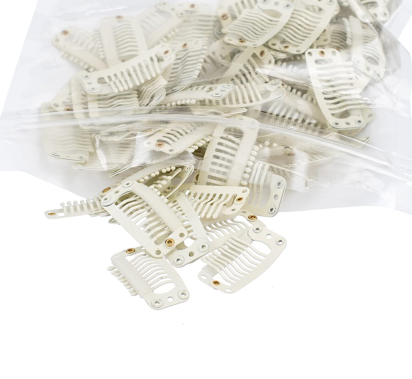 Swacc 100 Pcs U Shape Metailic Snap Clips Ins For Hair Extension Hairpiece Diy Snap-Comb Wig Clips With Rubber (White Beige, 9-T