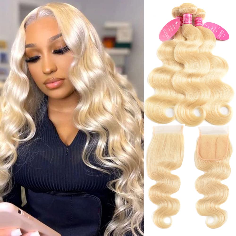 Yisea 613 Blonde Bundles With 4  4 Lace Closure Brazilian Body Wave 3 Bundles With Closure Blonde Human Hair Bundles With Closur