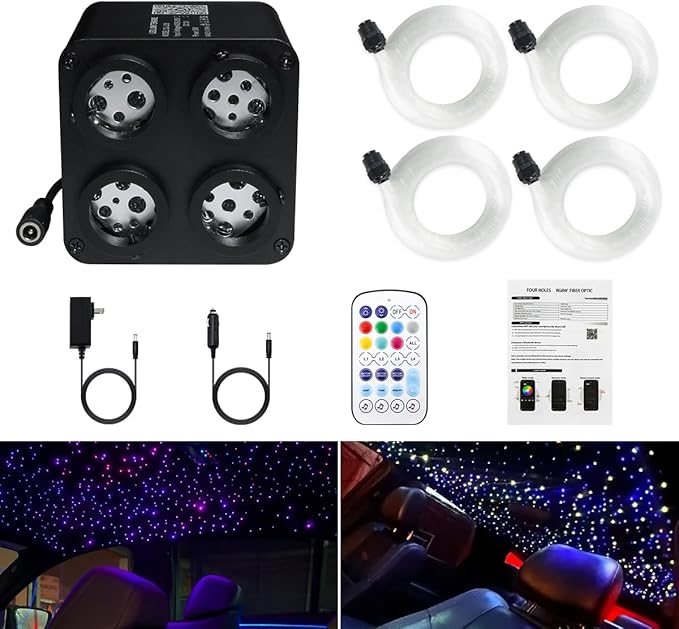 AMKI Updated 4Color Twinkle 36w Starlight Headliner Kits 900pcs 0.03in 9.8ft Fiber Optic Light Cable 4 Ports Starlight Box App/Remote Control Sound Mode for Car Home Ceiling Decoration