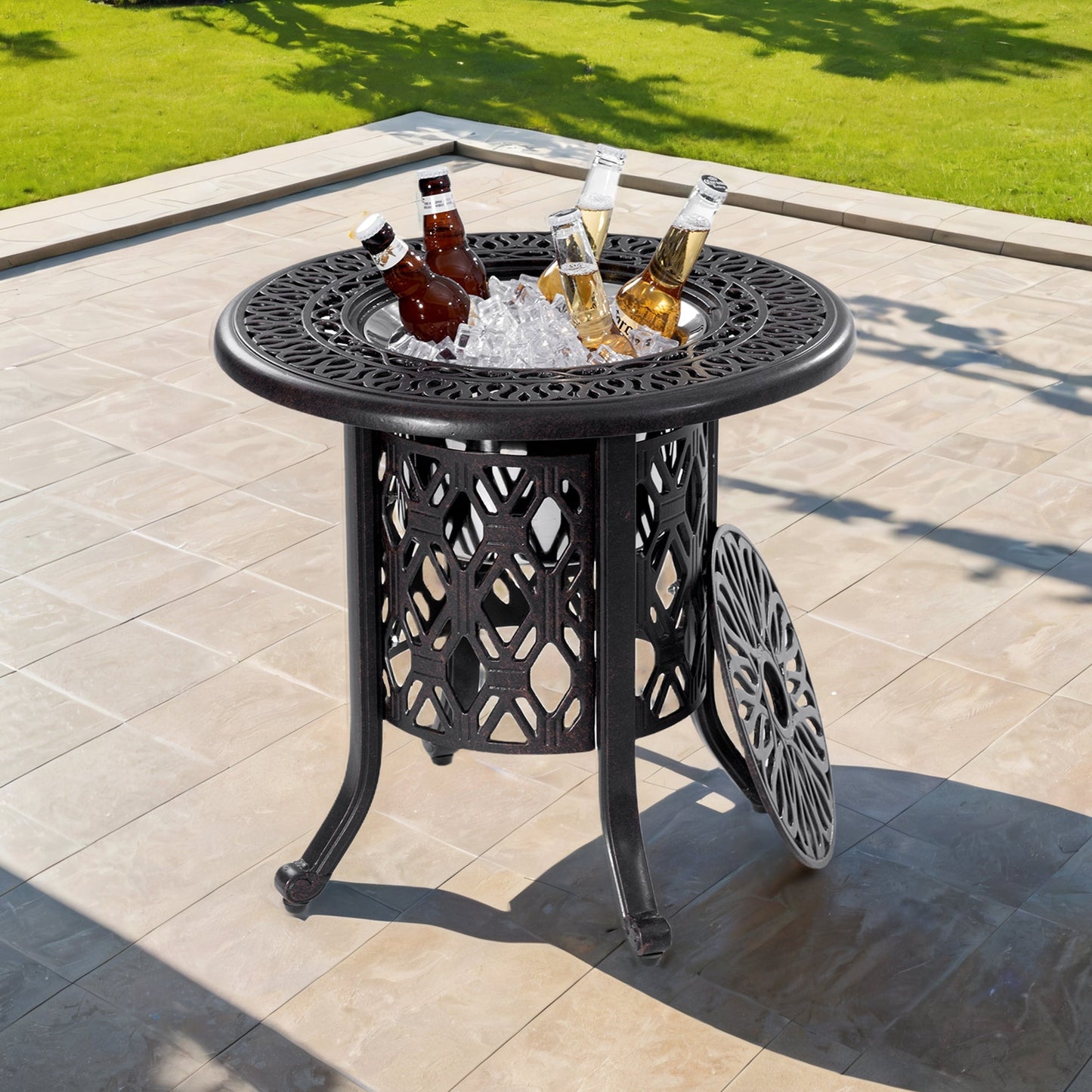 MRFMJ 21" Side Table with Removable Ice Bucket- Rustproof Cast Aluminum Frame for Indoor & Outdoor, Patio, Balcony