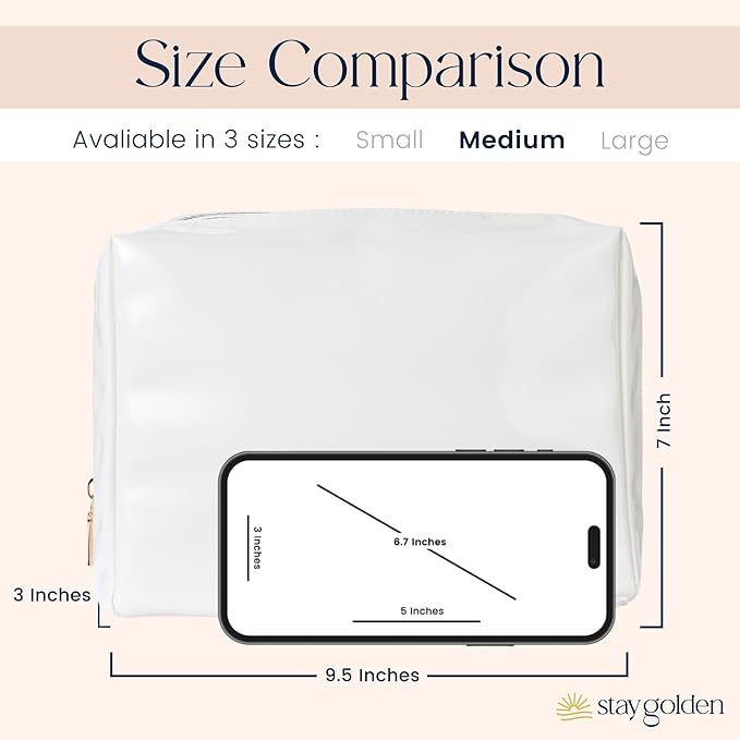 Stay Golden Insulated Waterproof Makeup Bag for Women Heat-Resistant Travel Cosmetic & Toiletry Bag | Luxurious Vegan Leather Portable Makeup Organizer (White with Gold Zipper, Medium)