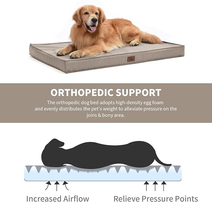 Outdoor Extra Large Dog Bed, Jumbo Waterproof Dog Bed for Large Dogs, Orthopedic Egg Foam Pet Bed Mat with Removable Oxford Cooling Cover, Khaki