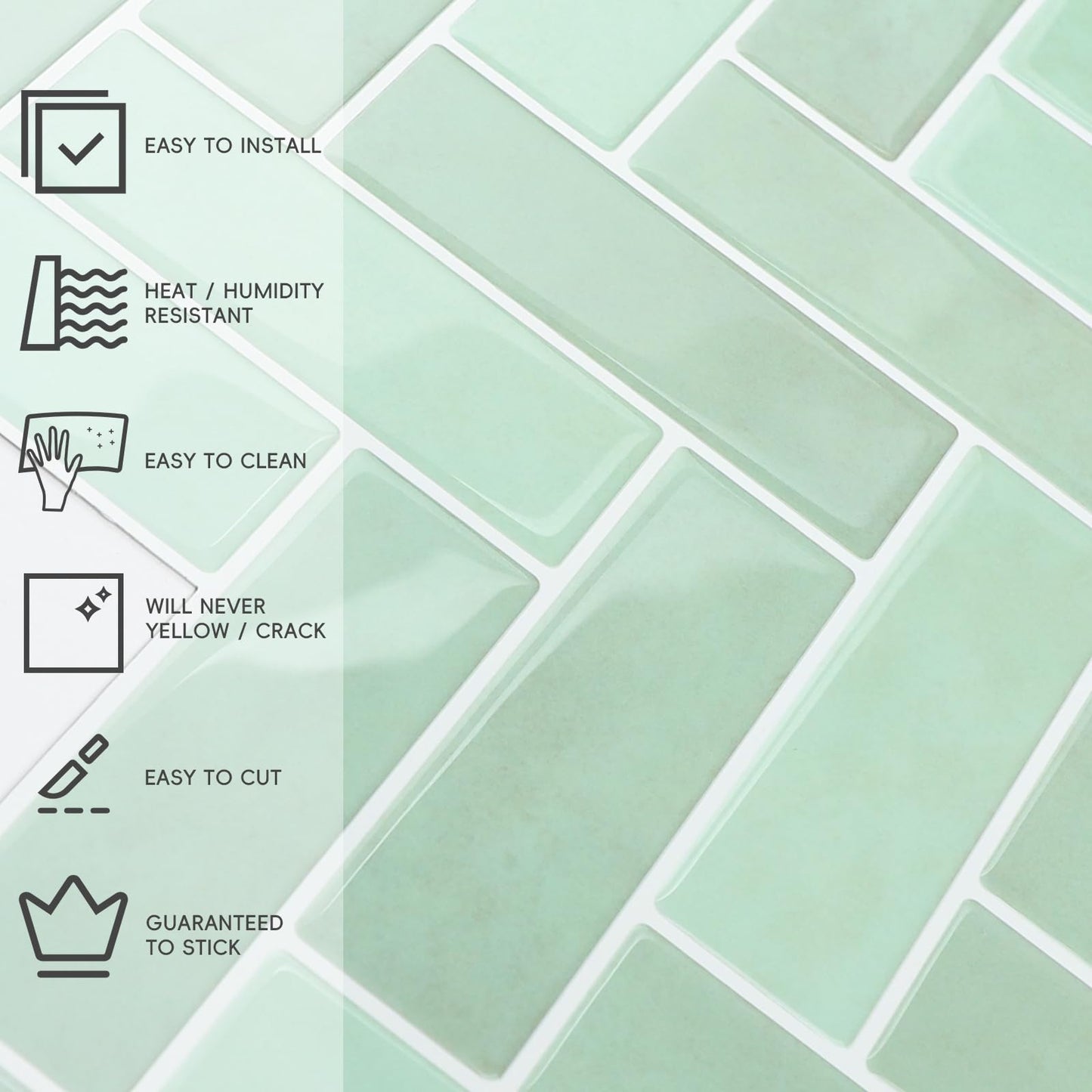 LUXDEKO 10-Sheet Herringbone Peel and Stick Backsplash, Sage Green Chevron Self Adhesive Glossy Tiles Renter Friendly Backsplash Stick on Wall Tile for Kitchen and Bathroom（12"x12"）