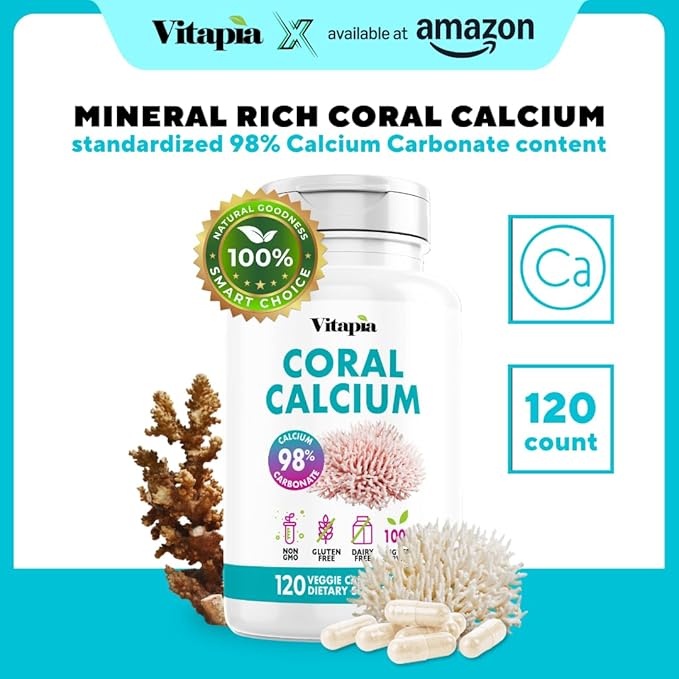 Coral Calcium Powder 1000mg Capsules for Overall Health, Bone Health, PH Level Balance, Trace Minerals Support - 120 Veggie Capsules - Non-GMO & Gluten-Free Supplement