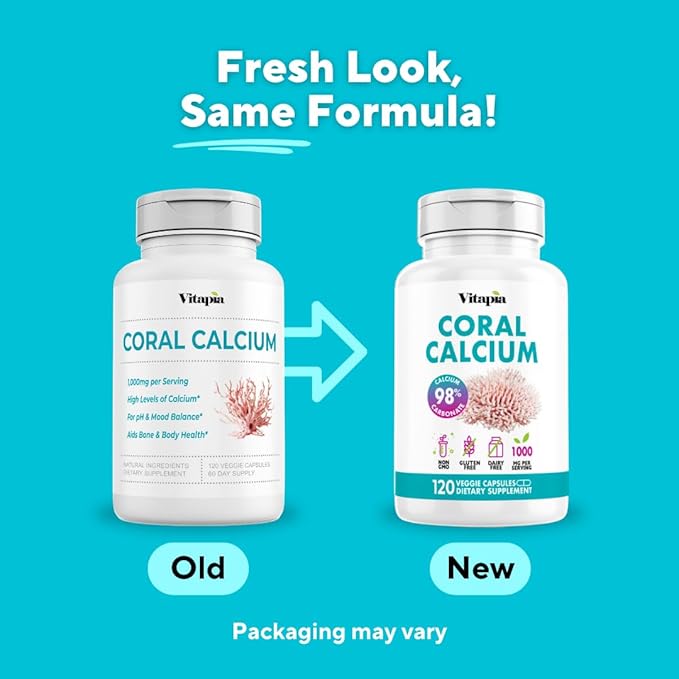 Coral Calcium Powder 1000mg Capsules for Overall Health, Bone Health, PH Level Balance, Trace Minerals Support - 120 Veggie Capsules - Non-GMO & Gluten-Free Supplement