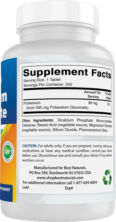Best Naturals Potassium Gluconate 595 mg 250 Tablets (250 Count (Pack of 2))
