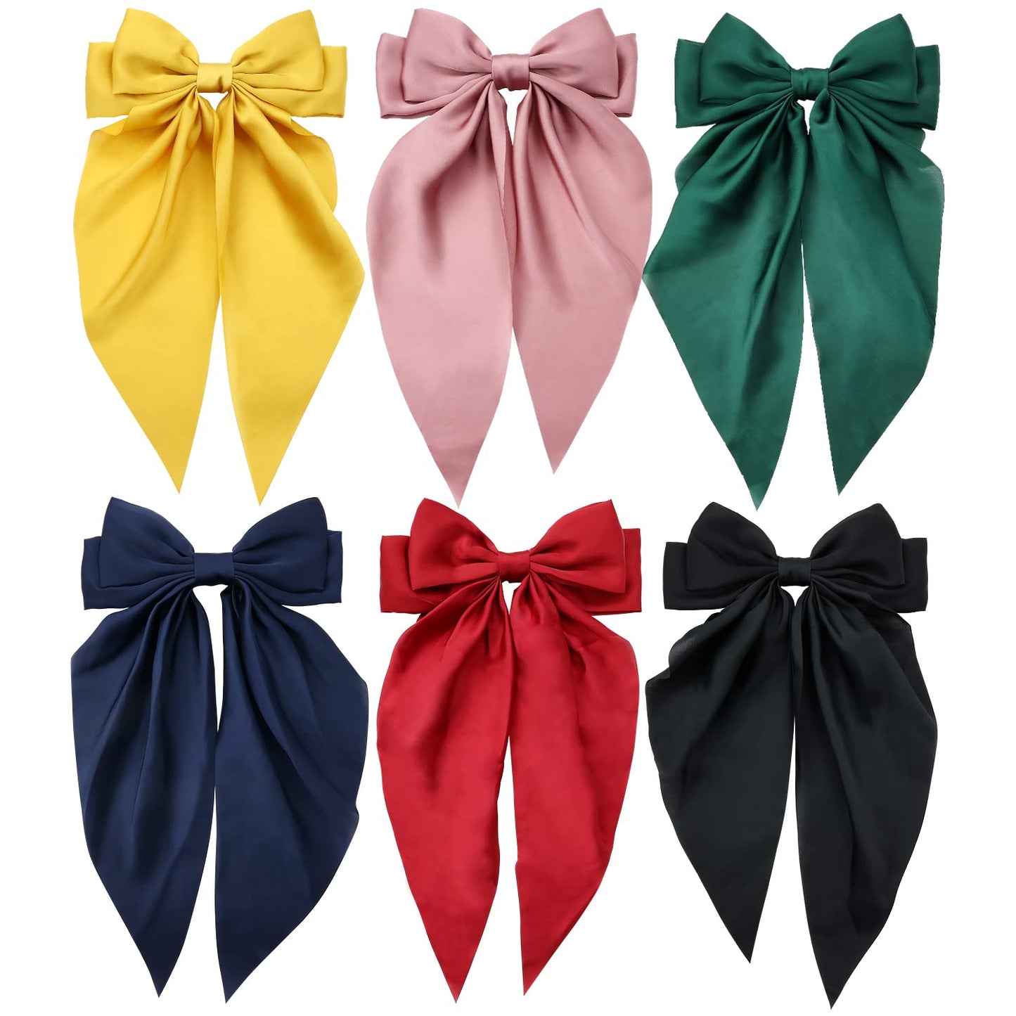 Lawie 6 Pack Satin Large Hair Bows Big Oversized Giant Bow Hair Clips French Barrettes with Long Silky Ribbon Bowknot Bun Ponyta