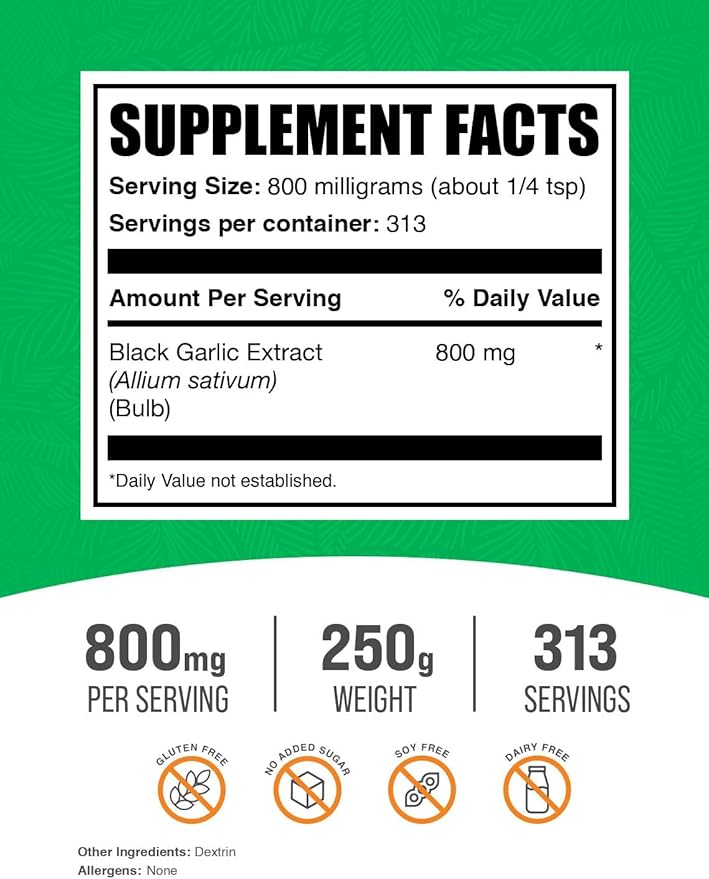 BulkSupplements.com Black Garlic Extract Powder - Aged Garlic Extract, Black Garlic Supplement, Black Garlic Powder - Gluten Free, 800mg per Serving, 250g (8.8 oz) (Pack of 1)