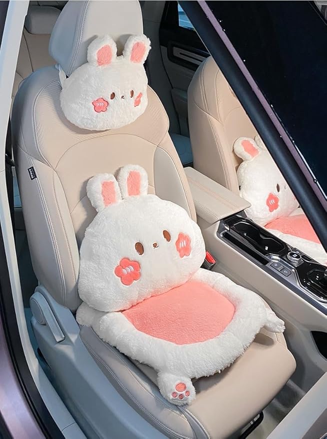 Cartoon Car Seat Cushion Lumbar Support Pillow and Neck Pillow, Cute Car Seat Pillow Headrest Pillow Back Support for Driving Fatigue Relief,for Office Chair Truck SUV (Rabbit Seat)