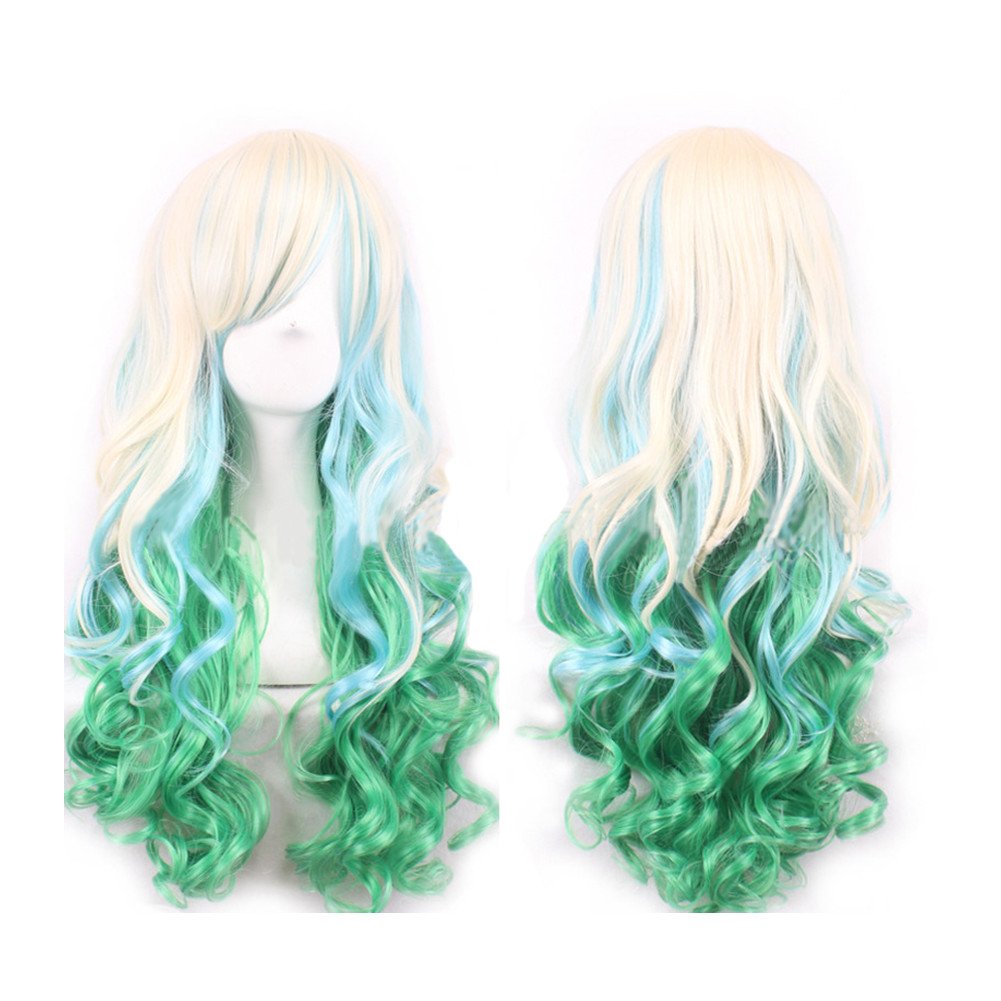 Weeh Women Wigs Long Hair Heat Resistant Spiral Curly Cosplay Wig Fashion Wavy Costume Daily Party (Bule Green Gold)