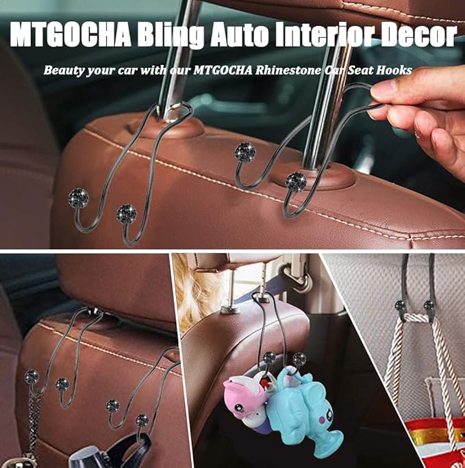 MTGOCHA Bling Purse Hook for Car Headrest, Upgraded Cute Car Seat Hooks for Bag Handbag, Durable Stainless Auto Purse Hanger Holder 2 Pack, All Black
