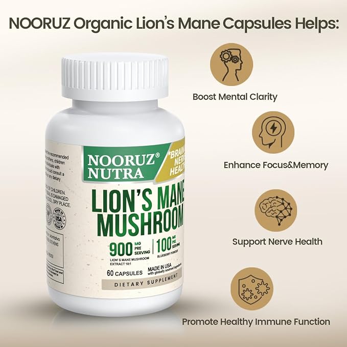 Organic Lion’s Mane Capsule: 10:1 Concentration Equals 10,000mg Mushroom, Enhanced with Blueberry for Vitality, Mental Clarity, and Concentration – 60 Plant-Based Capsules (No Tablets/Powder)