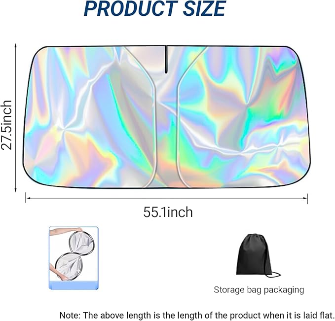 Car Windshield Sun Shade with Storage Pouch, Foldable Laser Titanium Silver Front Window Shield Blocker Screen Visor Protector Cover, Keep Interior Cool, Universal Fit for Car,Truck,SUVs (S)