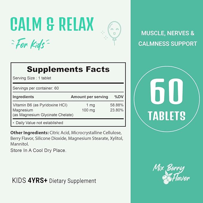 Kids Calming Supplement, Contains Magnesium Glycinate & Vitamin B6, Support Kids Calm & Relax, Calm Mind and Body, Berry Flavor for Kids Age 4+ (60 Servings)