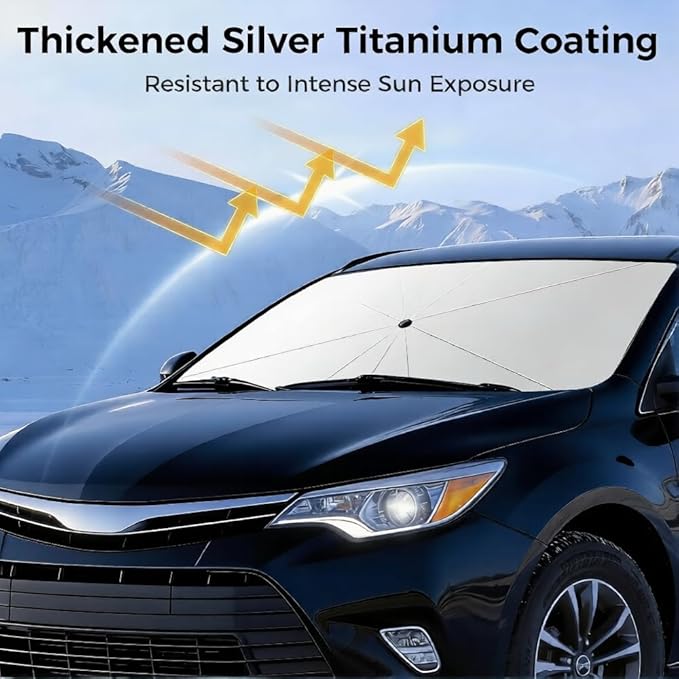 Upgraded Windshield Sun Shade Umbrella – Thickened Silver Titanium Coating, UV Protection for Car Front Window, Block Sun Rays & Keep Interior Cool, Reinforced Spring Edge, Universal Fit 61" L x 33" W