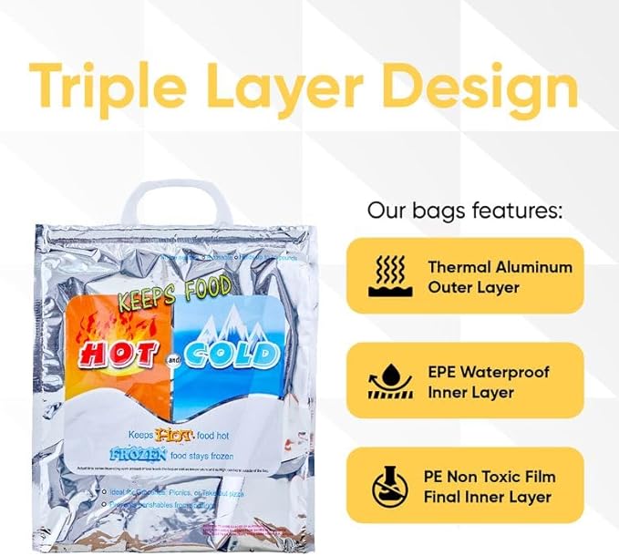 Superio Hot and Cold Insulated Bags for Food Delivery, Grocery Shopping Bags, Food Storage for Hot and Frozen Food for Travel, Disposable Cooler Bag, Reinforced Thermal Lunch Bag (10, 12"x13.5")