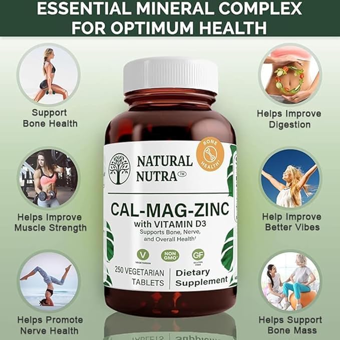 Natural Nutra Calcium Magnesium Zinc Supplement with Vitamin D3 for Bone Strength, Helps Improve Digestion, Gluten Free and Sugar-Free, Essential Mineral Complex, 1000/500/25 mg (250 Count)
