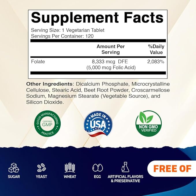 Vitamatic Folic Acid 5mg (5000 mcg) – 120 Vegetarian Tablets High Potency Vitamin B9 (Folate) for Cellular Health, Heart Support & Prenatal Care