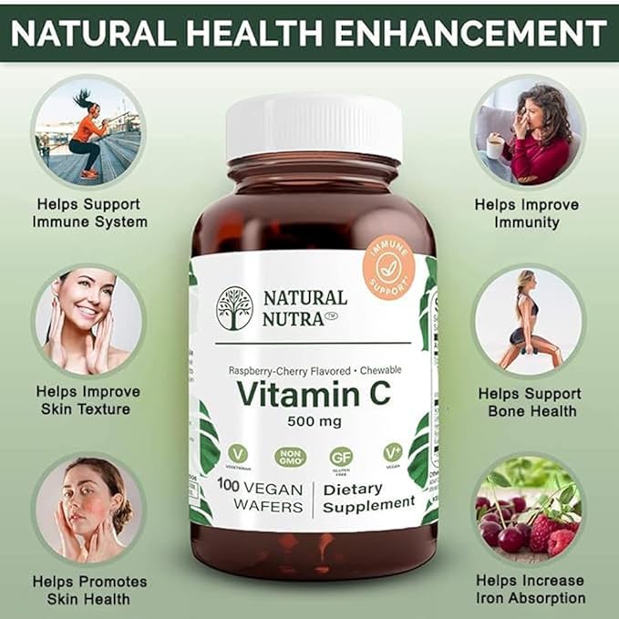 Natural Nutra Vitamin C Supplement for Kids and Adults, Immune Booster, Helps Supports Bone Health, Protect Skin and Heart Health, Improve Skin Texture, Vegetable Source, 500 mg, 100 Vegan Wafers