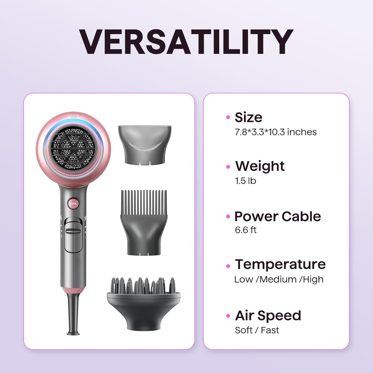 Wavytalk 1875W Ionic Hair Dryer | Diffuser & Comb for Curly Hair | Black