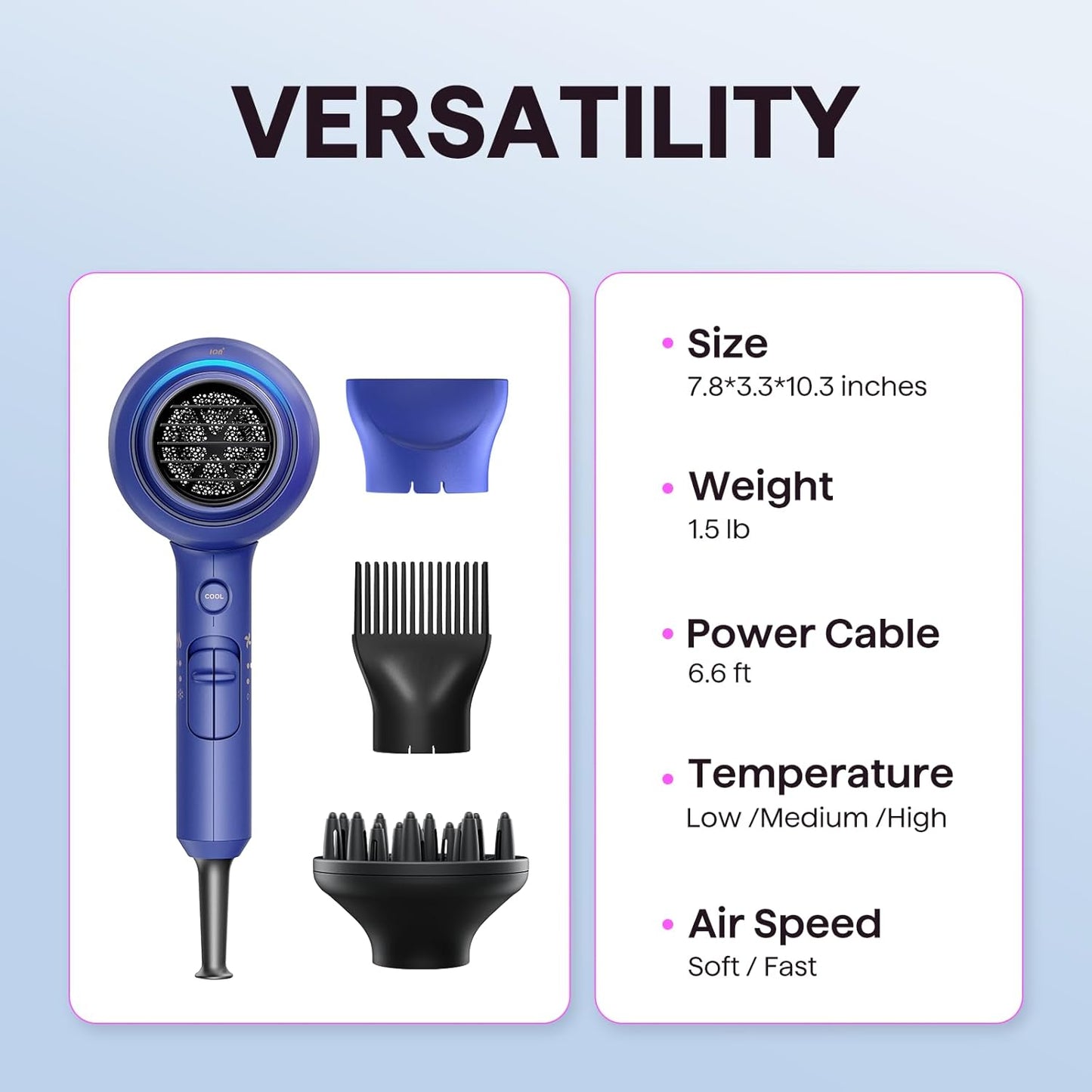 Ionic Hair Dryer for Curly Hair | 1875W Fast Drying | Diffuser & Attachments | Rose Gold