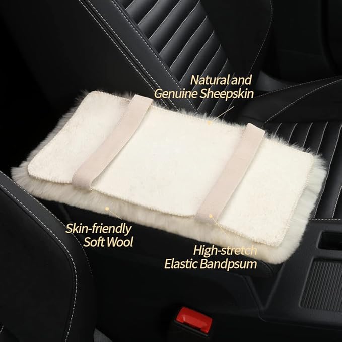 Sheepskin Armrest Cover Auto Center Armrest Cover Car Soft Console Pad, Fluffy Wool Auto Center Console Cover for Most Car Arm Rest Decoration Protector 7 x 13 Inch (Shearling, Black)