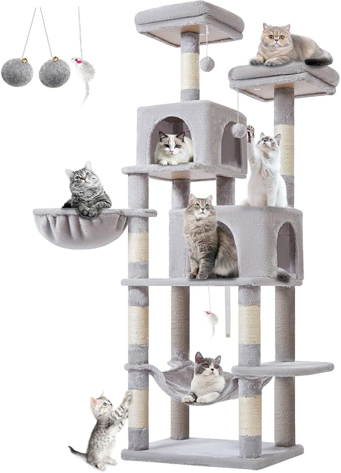 Taoqimiao 66-Inch Cat Tree Cat Tower for Indoor Cats, Plush Multi-Level Cat Condo with 7 Scratching Posts, 2 Perches, 2 Caves, Hammock, 2 Pompoms MS013W Light Gray