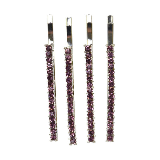 Silver Rhinestone Studded Hair Barette Bobby Pin Clip | 4 Count | Pink