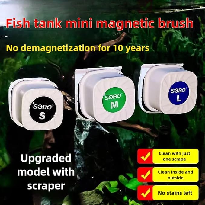 Mini Magnetic Aquarium Brush with Scraper Blade - Fish Tank Dirt Remover for Small Glass/Acrylic Tanks, Safe for Betta & Shrimp (5-20 Gallon) (Middle with Scraper)