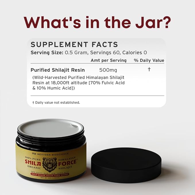 ShilaForce™ Shilajit Pure Gold-Grade Wild-Harvested Himalayan Organic Live Resin - 500mg 70% Fulvic Acid & 10% Humic Acid with 85+ Trace Minerals, 30g Made in USA