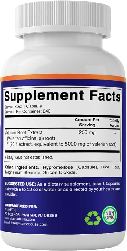 Vitamatic 2 Packs Valerian Root 20:1 Extract 250 mg - 240 Capsules - 20X Concentrated Extract