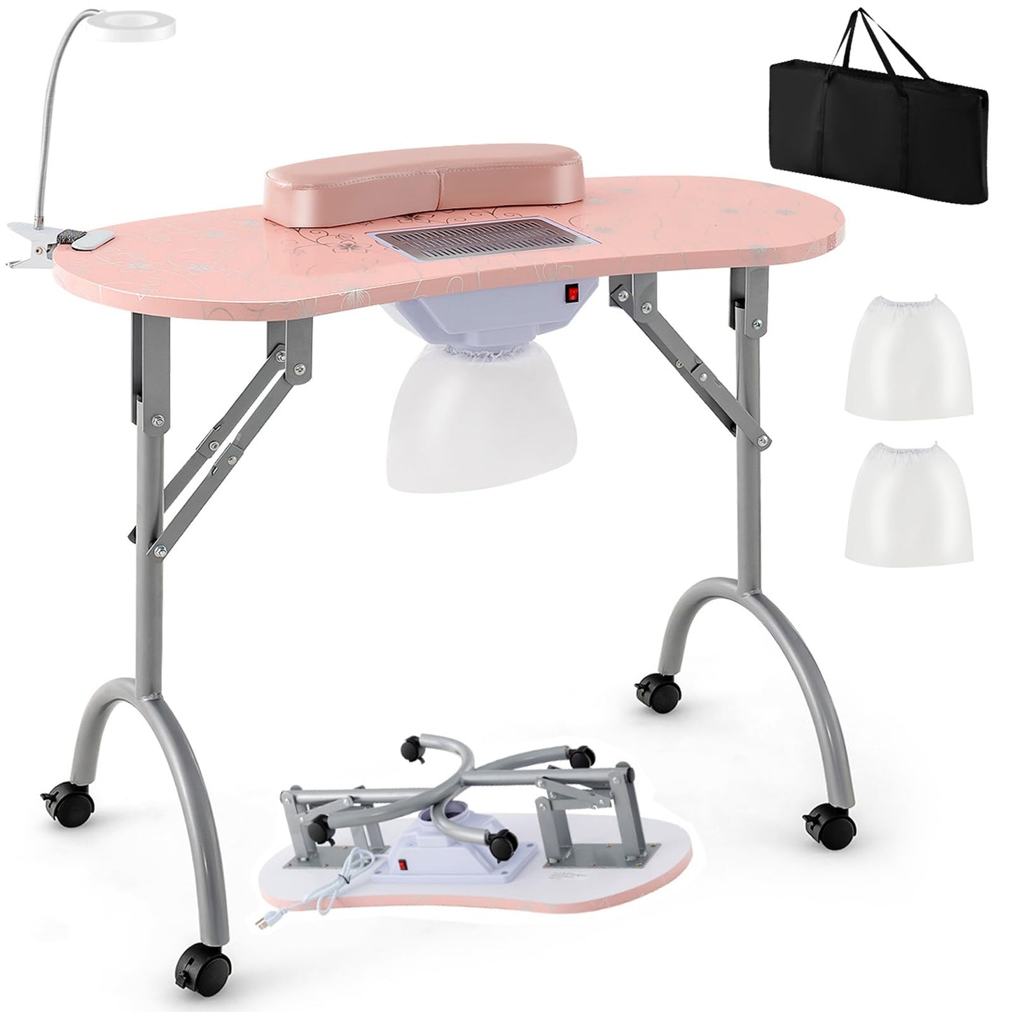 Giantex Nail Table For Nail Tech, Portable Manicure Table With Electric Dust Collector, Usb-Plug Led Lamp, Wrist Rest, 4 Lockabl