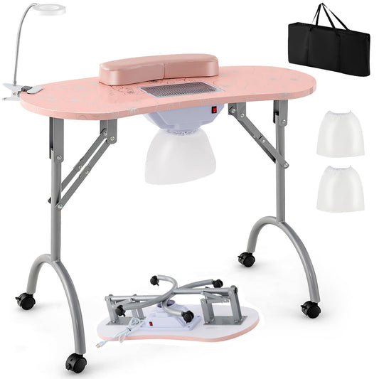 Giantex Nail Table For Nail Tech, Portable Manicure Table With Electric Dust Collector, Usb-Plug Led Lamp, Wrist Rest, 4 Lockabl
